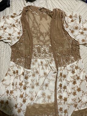 Umgee Cream and Brown Crochet Lace Boho Vest